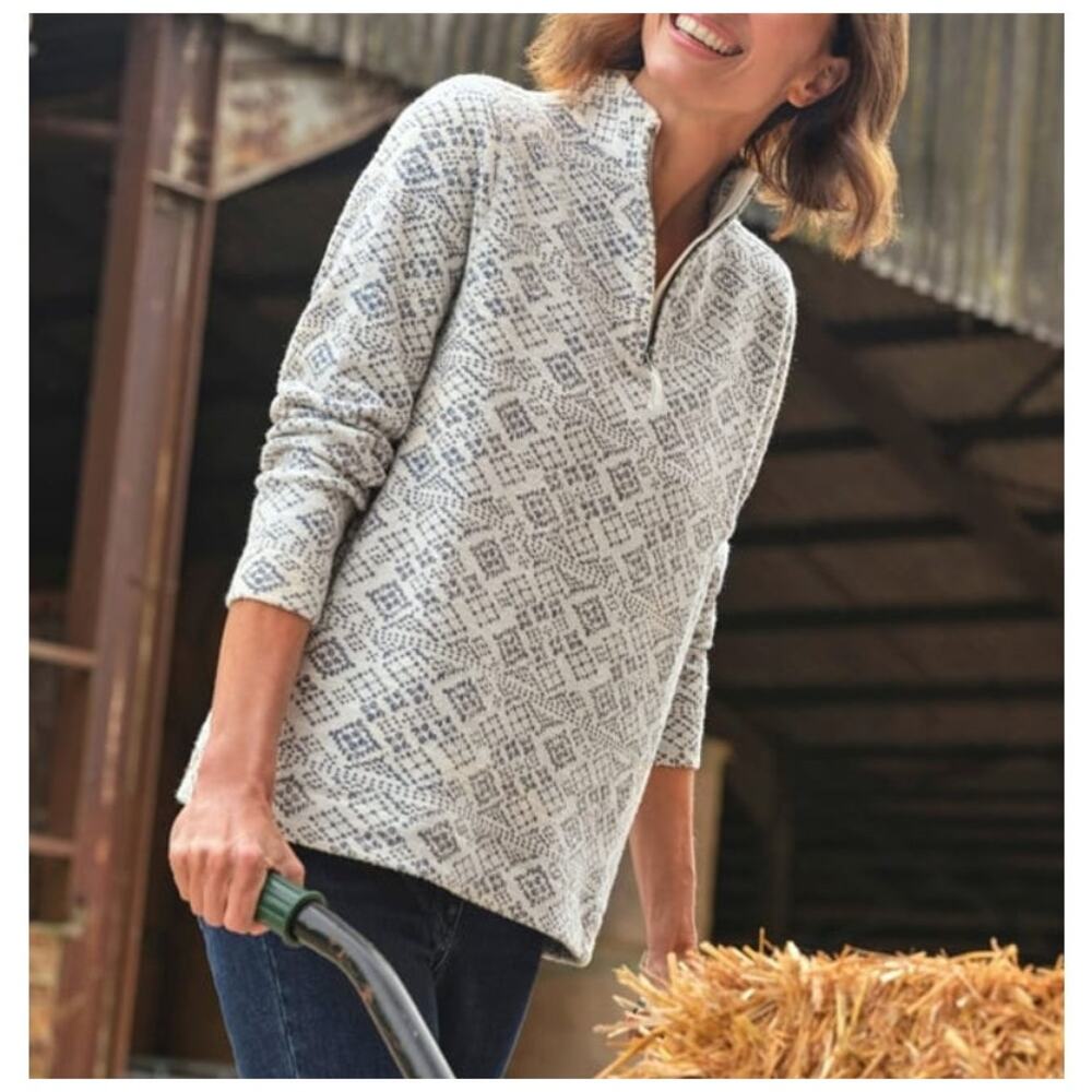WoolOvers Textured Jacquard Quarter Zip Sweater Fair Isle Blue White Women Large
